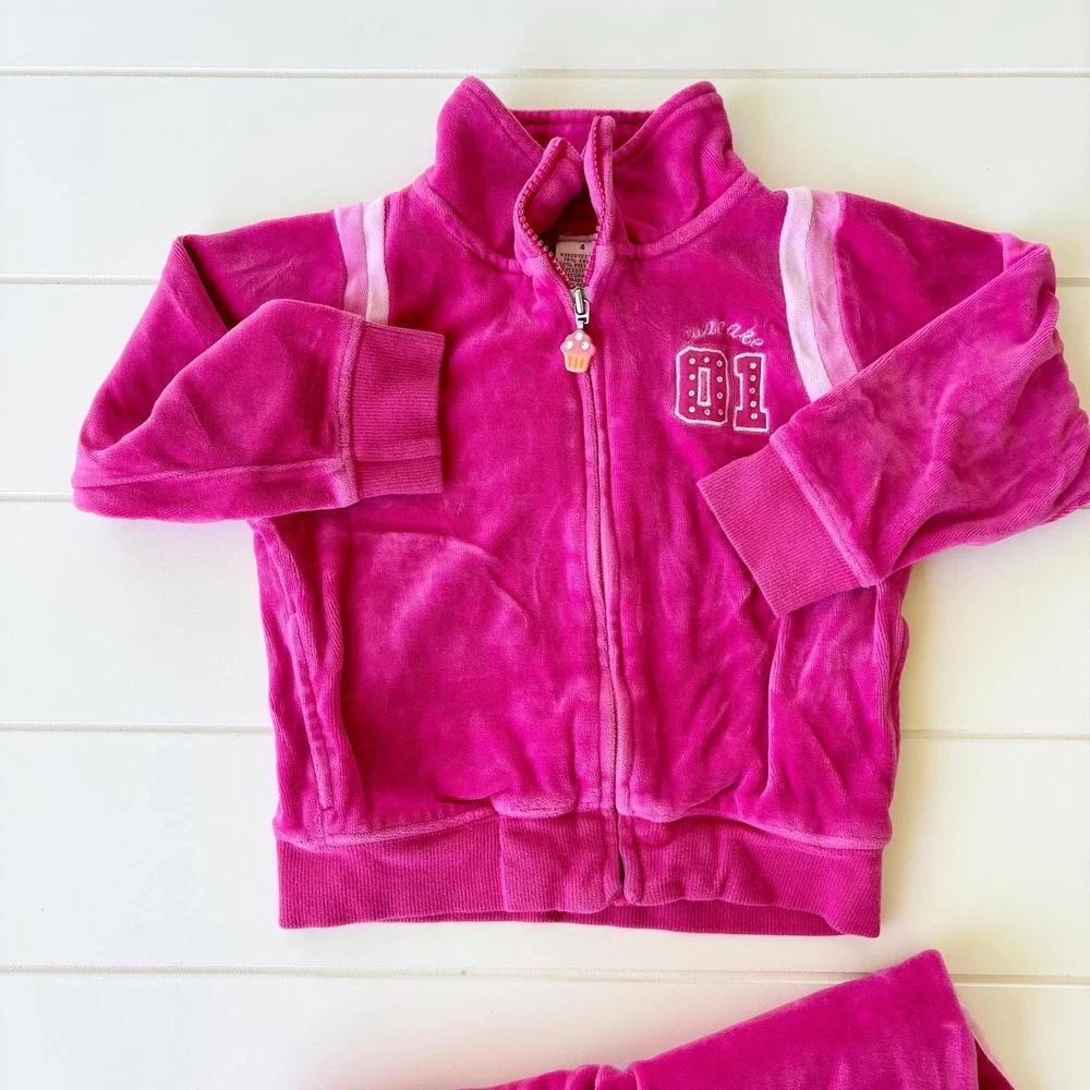 Vintage Gymboree Hot Pink Velour Full Zip Hoodie Tracksuit Size 4T